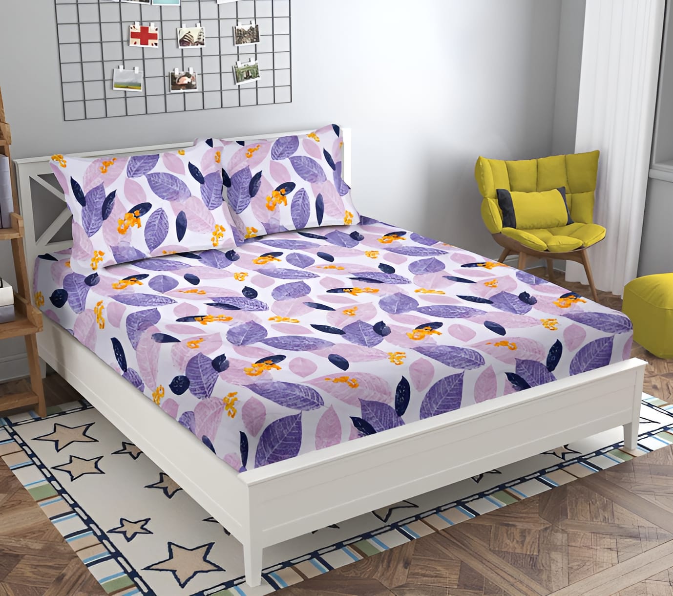 PINK LEAVES Premium  Fitted Elastic Bedsheet With Two Pillow Covers (72X78X Upto 10 Inches) & 360 Degree Elasticated