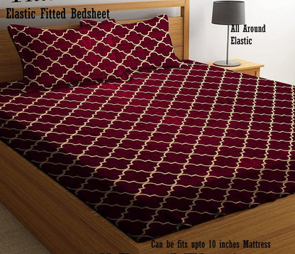 Red Checkered 220 TC Cotton All Round Elastic Fitted Bedsheet with  2 Pillow Covers  (72X78X Upto 10 Inches) & 360 Degree Elasticated