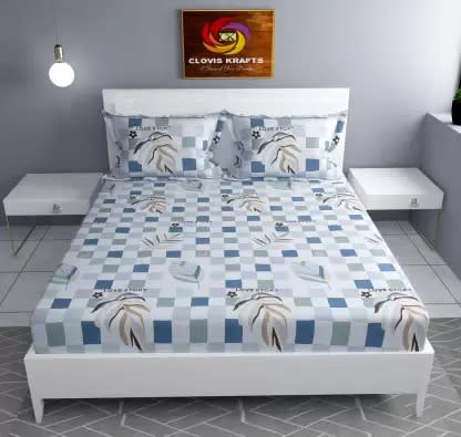 CHECKERED 220 TC Cotton All Round Elastic Fitted Bedsheet with  2 Pillow Covers  (72X78X Upto 10 Inches) & 360 Degree Elasticated