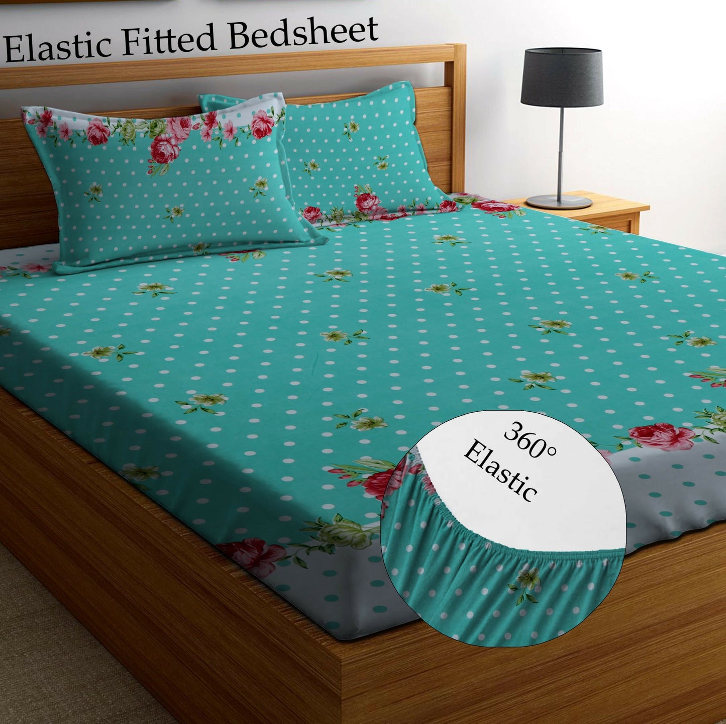 GREEN DOTTED 220 TC  Fitted Elastic Bedsheet With Two Pillow Covers  (72X78X Upto 10 Inches) & 360 Degree Elasticated