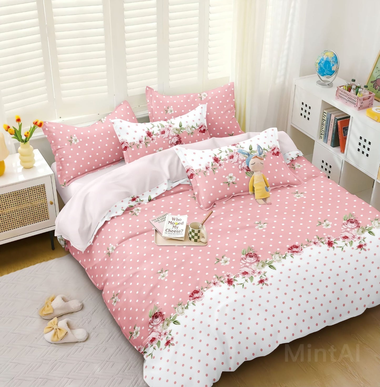 PINK DOTTEDS Premium  Fitted Elastic Bedsheet With Two Pillow Covers (72X78X Upto 10 Inches) & 360 Degree Elasticated