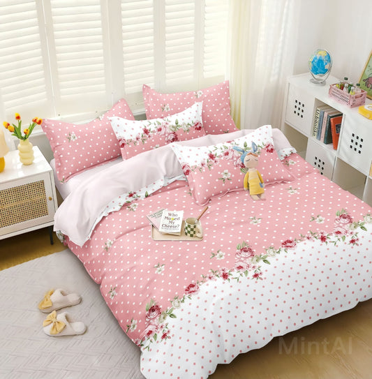 PINK DOTTEDS Premium  Fitted Elastic Bedsheet With Two Pillow Covers (72X78X Upto 10 Inches) & 360 Degree Elasticated