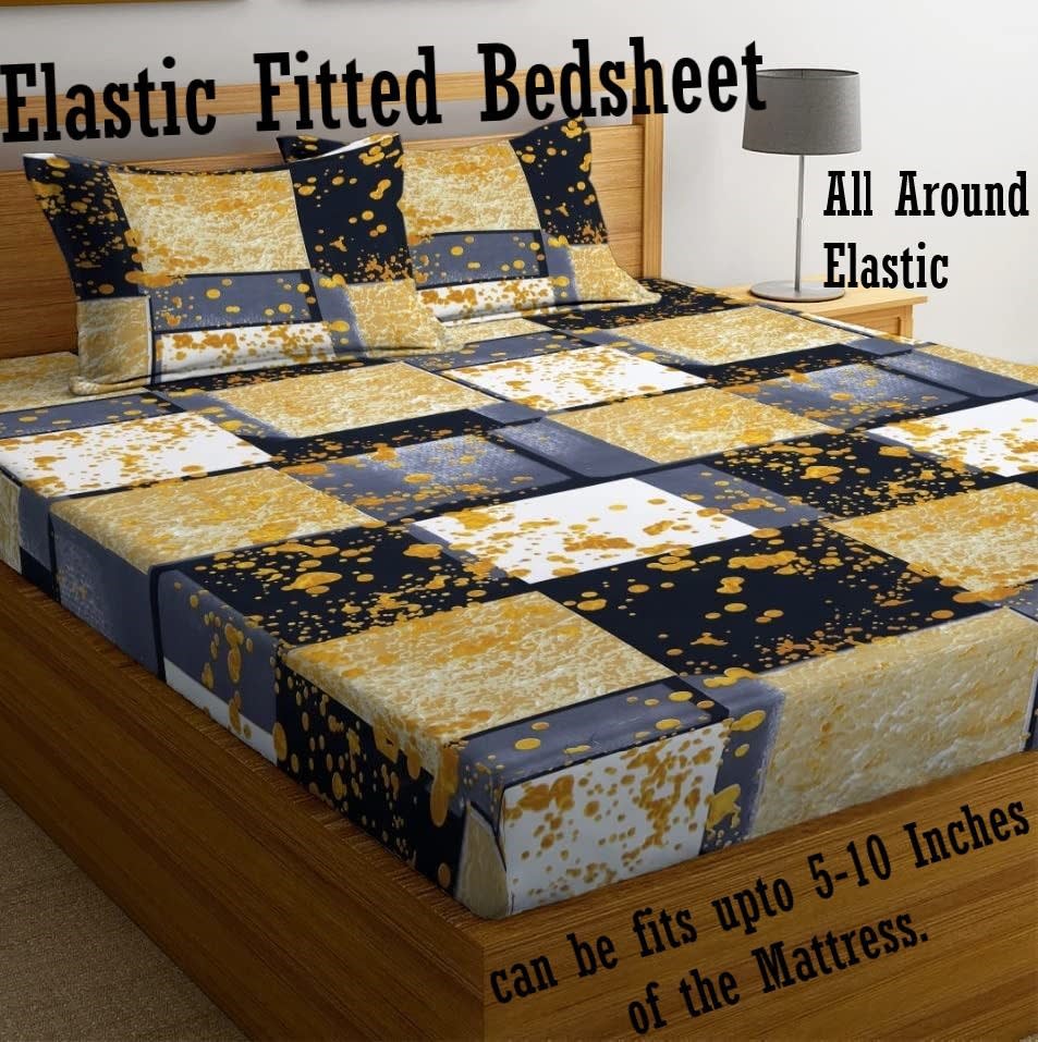 Black and Yellow 220 TC Cotton All Round Elastic Fitted Bedsheet with  2 Pillow Covers  (72X78X Upto 10 Inches) & 360 Degree Elasticated