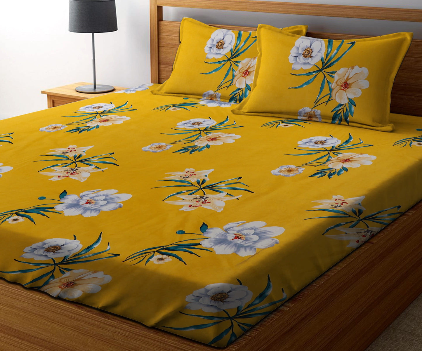 YELLOW FLOWER Premium  Fitted Elastic Bedsheet With Two Pillow Covers (72X78X Upto 10 Inches) & 360 Degree Elasticated