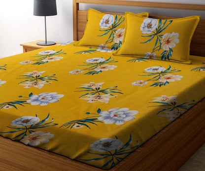 YELLOW FLOWER Premium  Fitted Elastic Bedsheet With Two Pillow Covers (72X78X Upto 10 Inches) & 360 Degree Elasticated