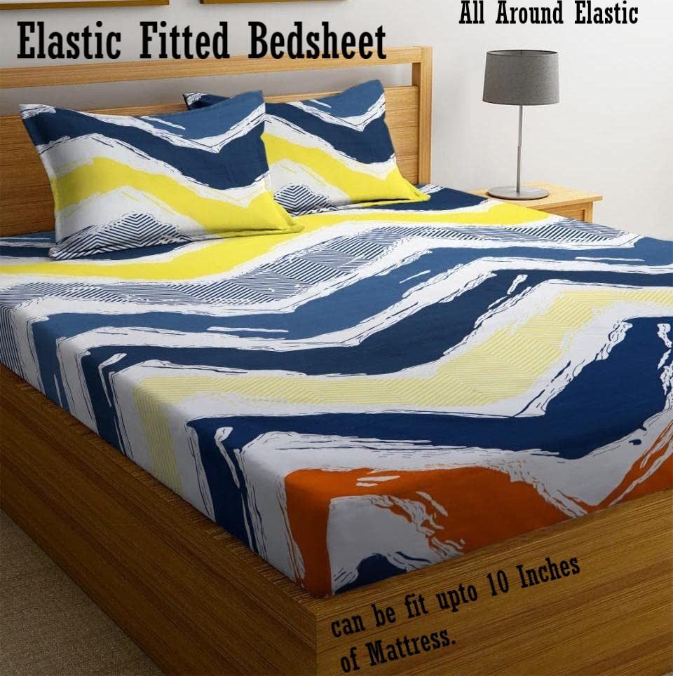 WHITE ZIGZAG Premium Double Bedsheet With 2 Pillow Covers (72X78X Upto 10 Inches) & 360 Degree Elasticated
