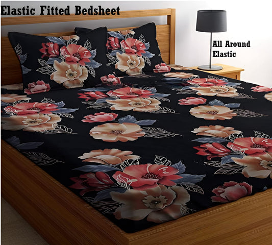 BLACK AND GOLDEN Premium  Floral Bedsheet Multicolor with 2 Pillow Covers (72X78X Upto 10 Inches) & 360 Degree Elasticated