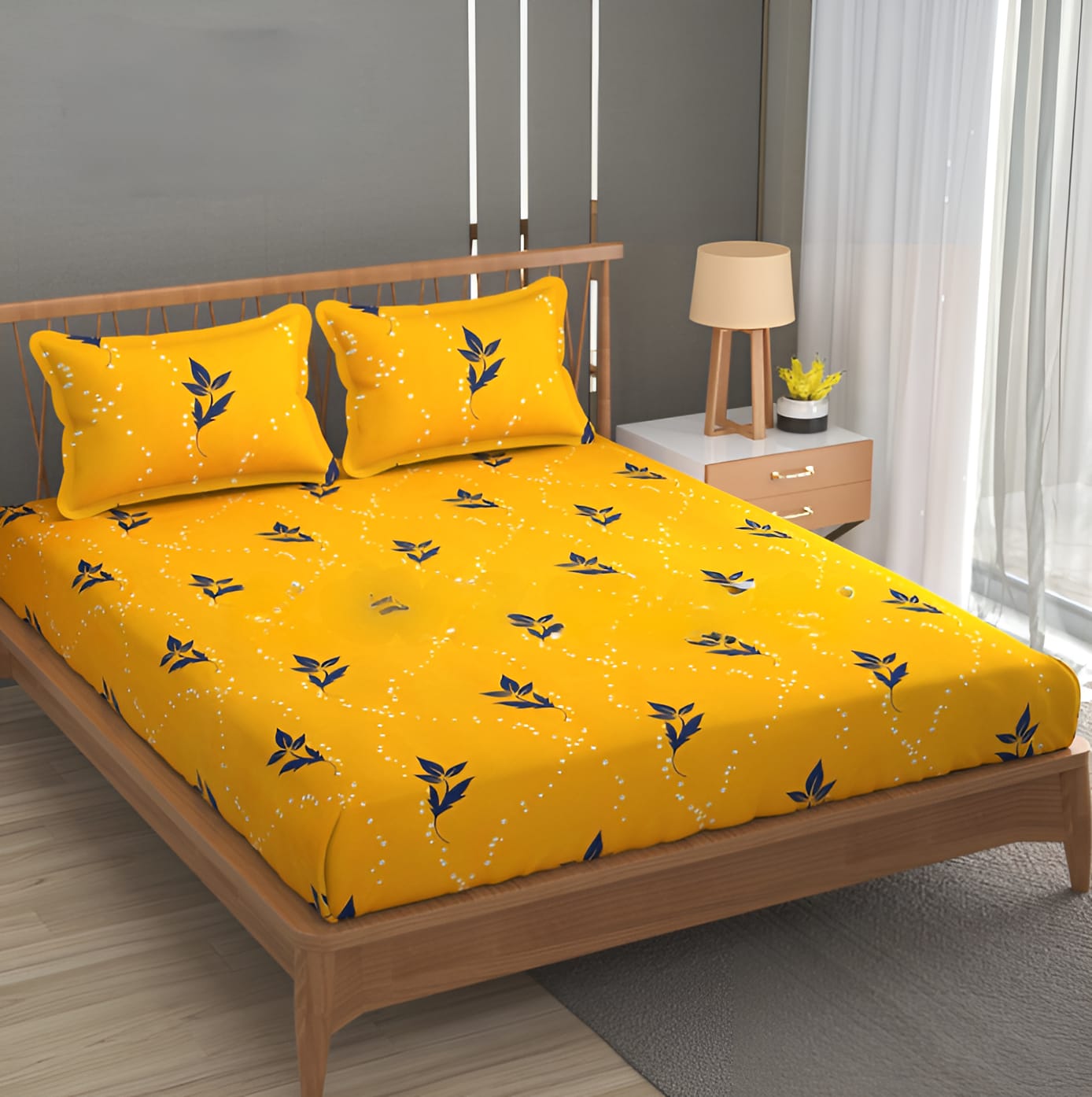 YELLOW PRINTS 220 TC Cotton All Round Elastic Fitted Bedsheet with 2 Pillow Covers (72X78X Upto 10 Inches) & 360 Degree Elasticated