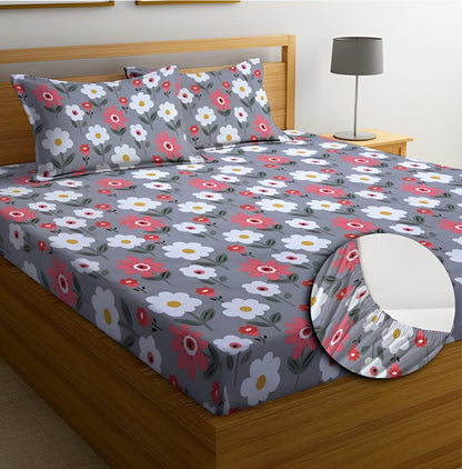 MULTI FLORAL 220 TC  Fitted Elastic Bedsheet With Two Pillow Covers  (72X78X Upto 10 Inches) & 360 Degree Elasticated