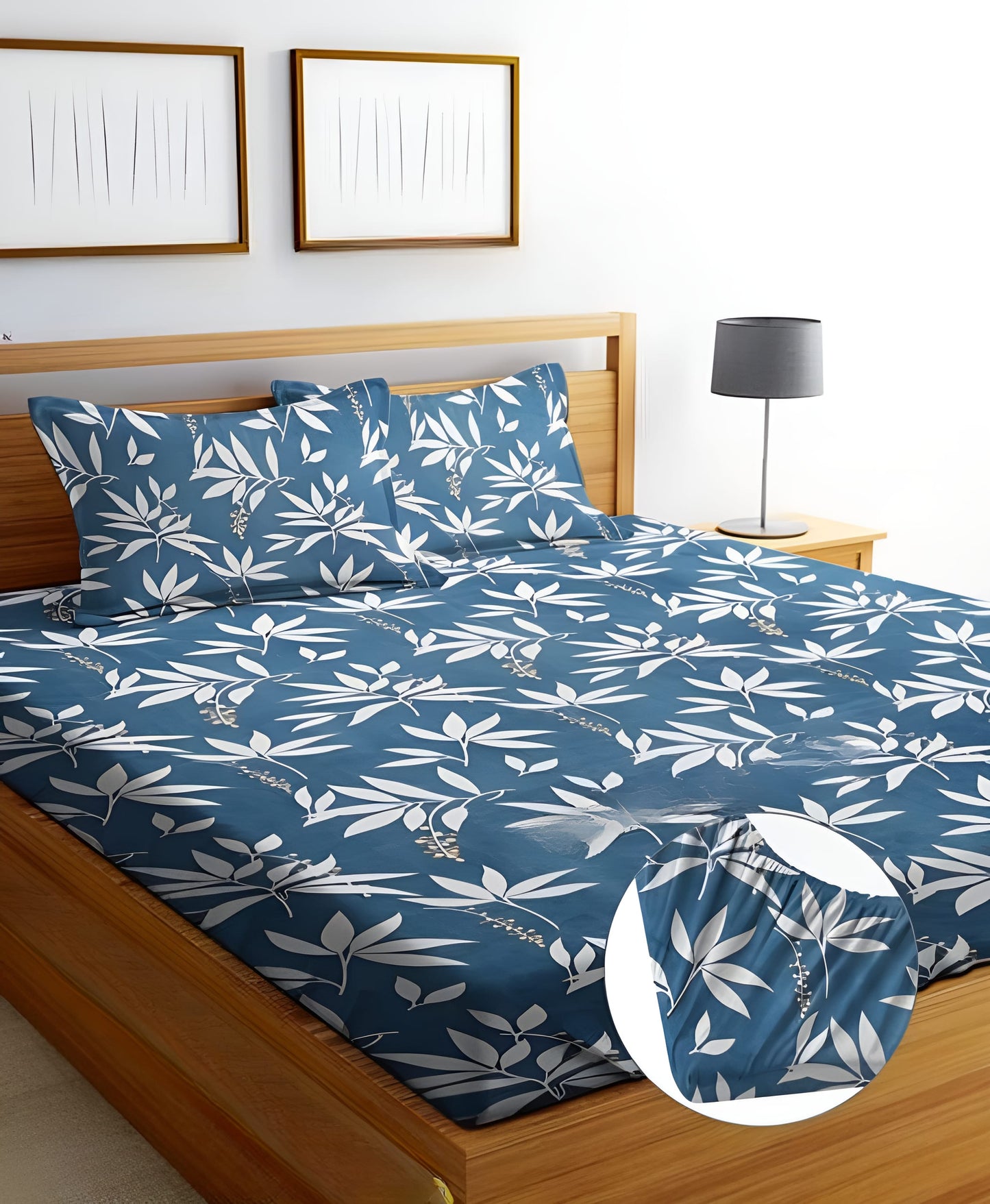 BLUE PATTERN 220 TC  Fitted Elastic Bedsheet With Two Pillow Covers  (72X78X Upto 10 Inches) & 360 Degree Elasticated