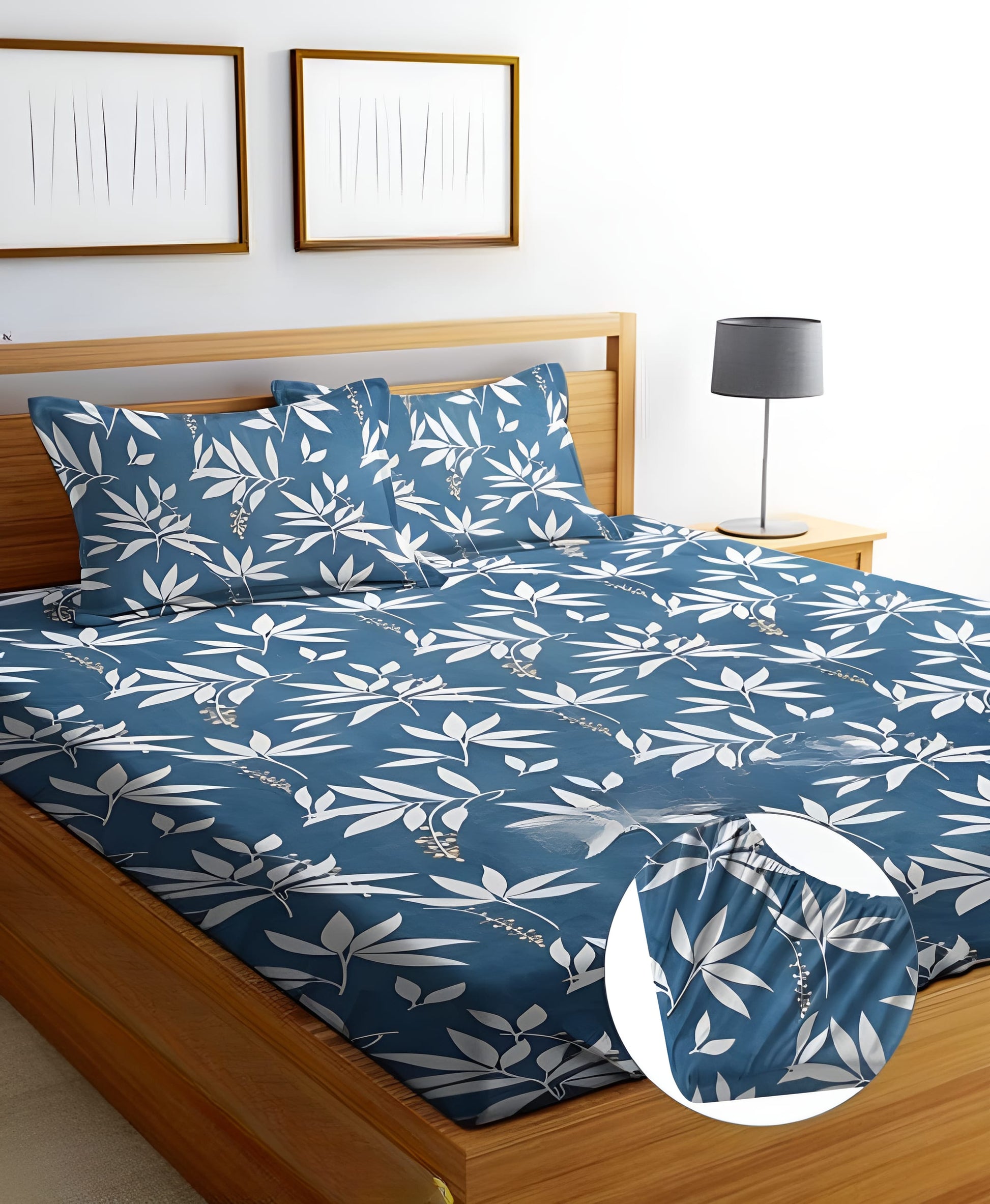 BLUE PATTERN 220 TC  Fitted Elastic Bedsheet With Two Pillow Covers  (72X78X Upto 10 Inches) & 360 Degree Elasticated