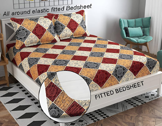 RED DAMASSES Fitted Bedsheet with 2 Pillow Covers (72X78X Upto 10 Inches) & 360 Degree Elasticated