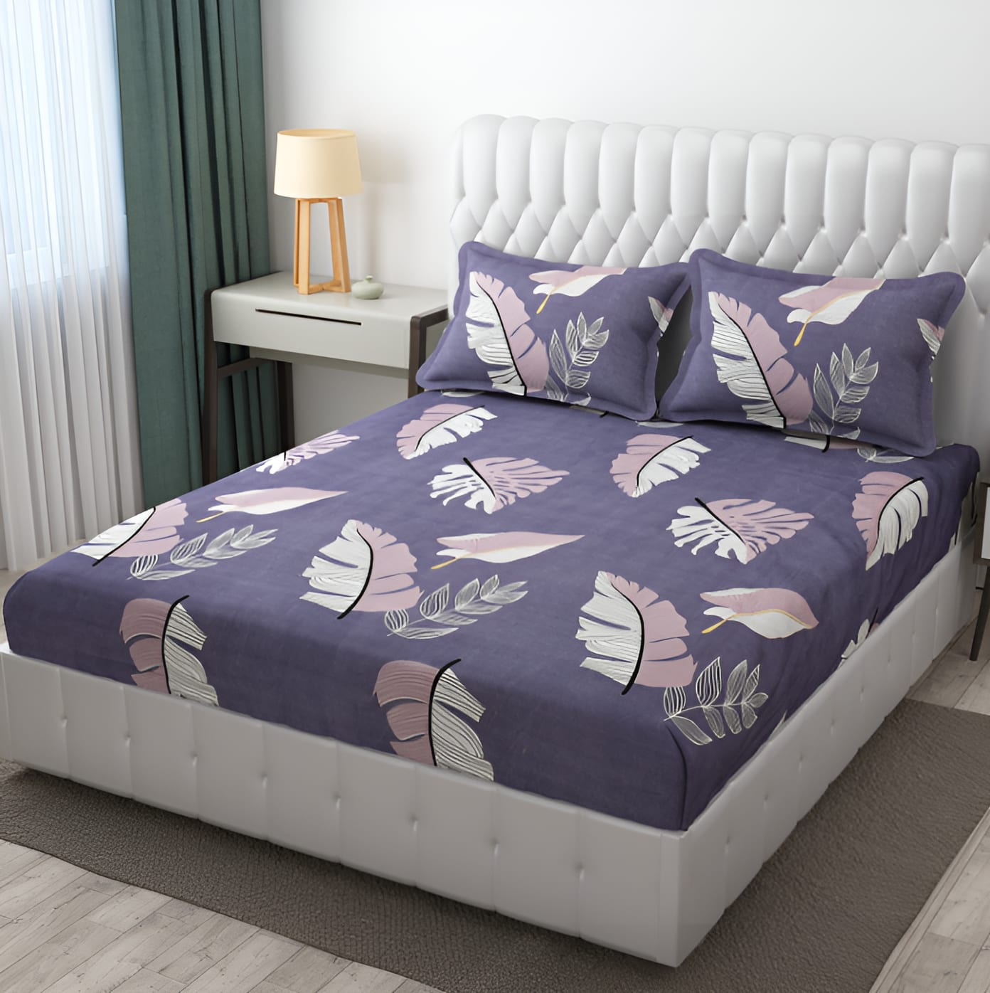 PURPLE FEATHER Premium  Fitted Elastic Bedsheet With Two Pillow Covers  (72X78X Upto 10 Inches) & 360 Degree Elasticated