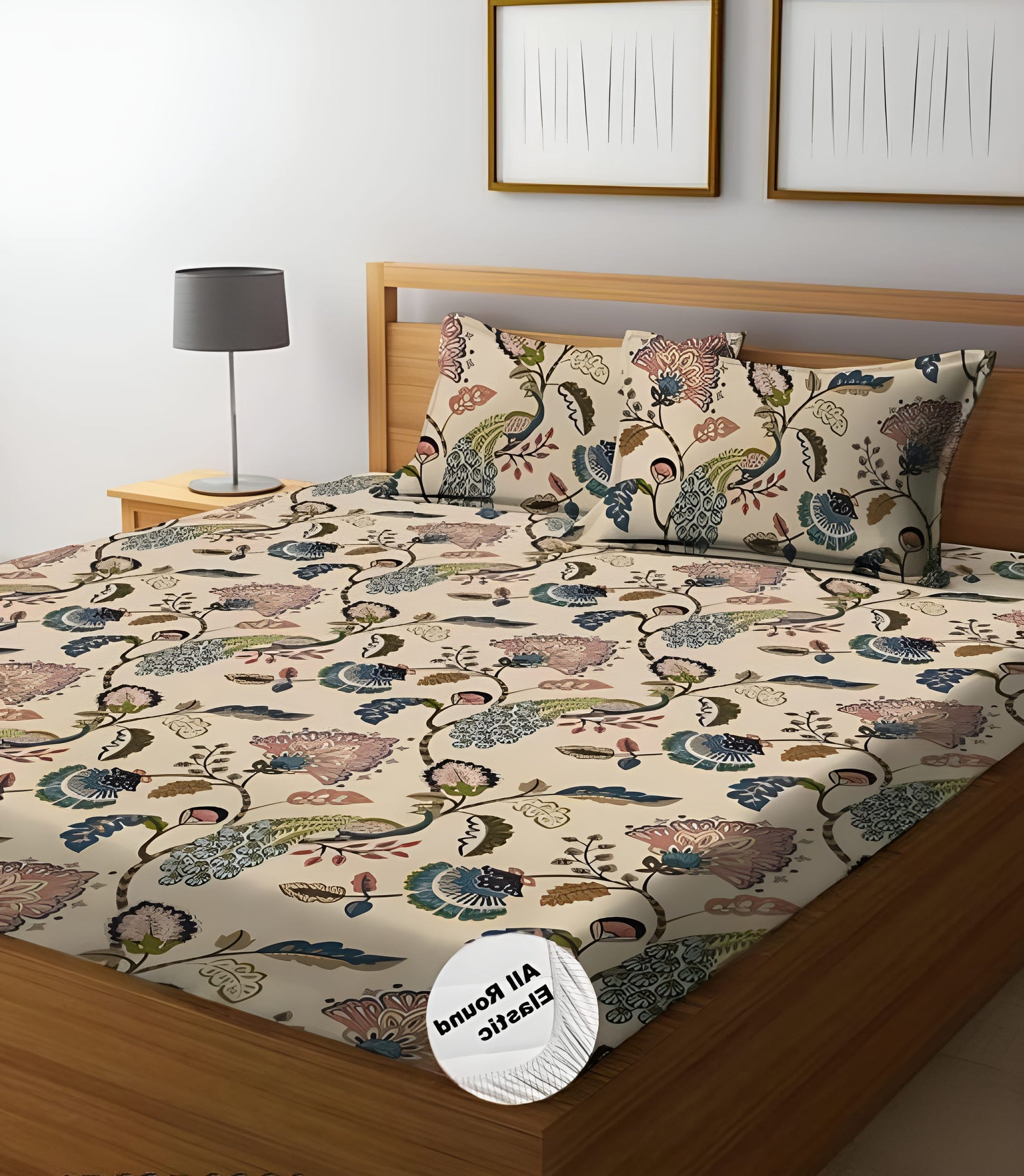 VOMZER 220 TC  Fitted Elastic Bedsheet With Two Pillow Covers (72X78X Upto 10 Inches) & 360 Degree Elasticated