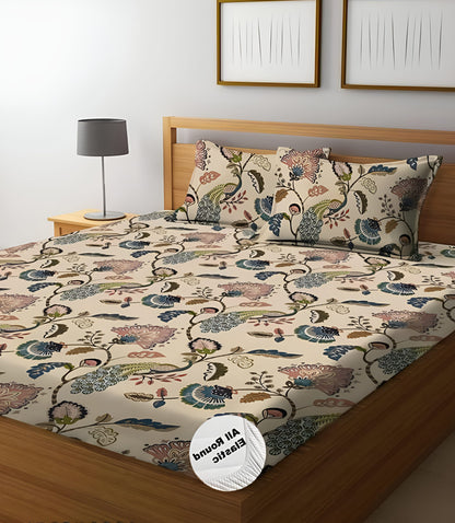 VOMZER 220 TC  Fitted Elastic Bedsheet With Two Pillow Covers (72X78X Upto 10 Inches) & 360 Degree Elasticated