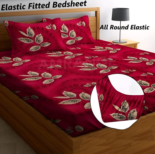 RED LEAVES PATTERN Premium  Fitted Floral Bedsheet with 2 Pillow Covers (72X78X Upto 10 Inches) & 360 Degree Elasticated