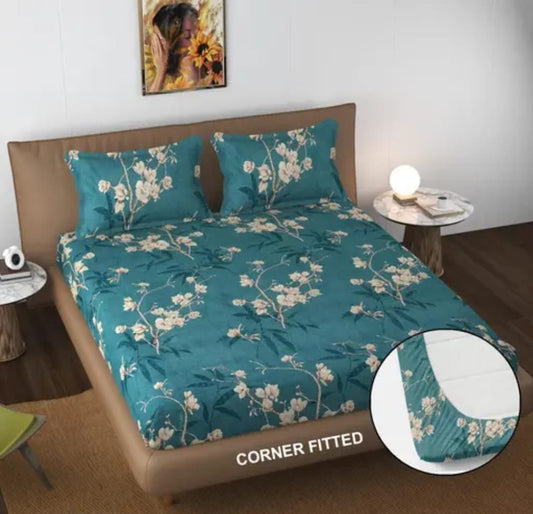CASA GREEN Premium King Size Fitted Floral Bedsheet with 2 Pillow Covers (72X78X Up to 10 Inches) & 360 Degree Elasticated
