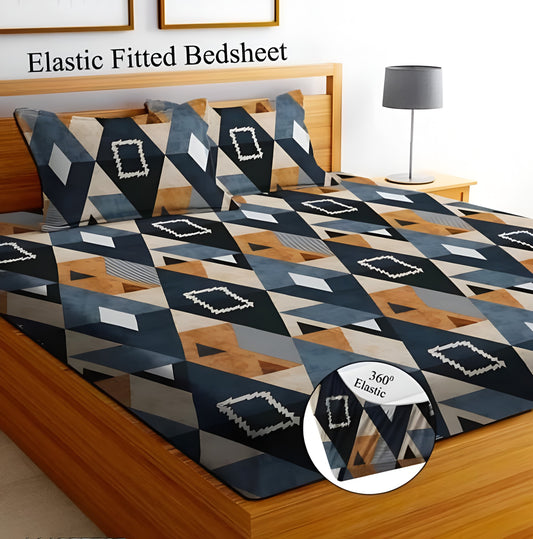 BLACK 220 TC Cotton All Round Elastic Fitted Bedsheet with  2 Pillow Covers  (72X78X Upto 10 Inches) & 360 Degree Elasticated