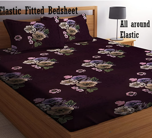 MAROON FLORAL Premium  Fitted Elastic Bedsheet With Two Pillow Covers  (72X78X Upto 10 Inches) & 360 Degree Elasticated