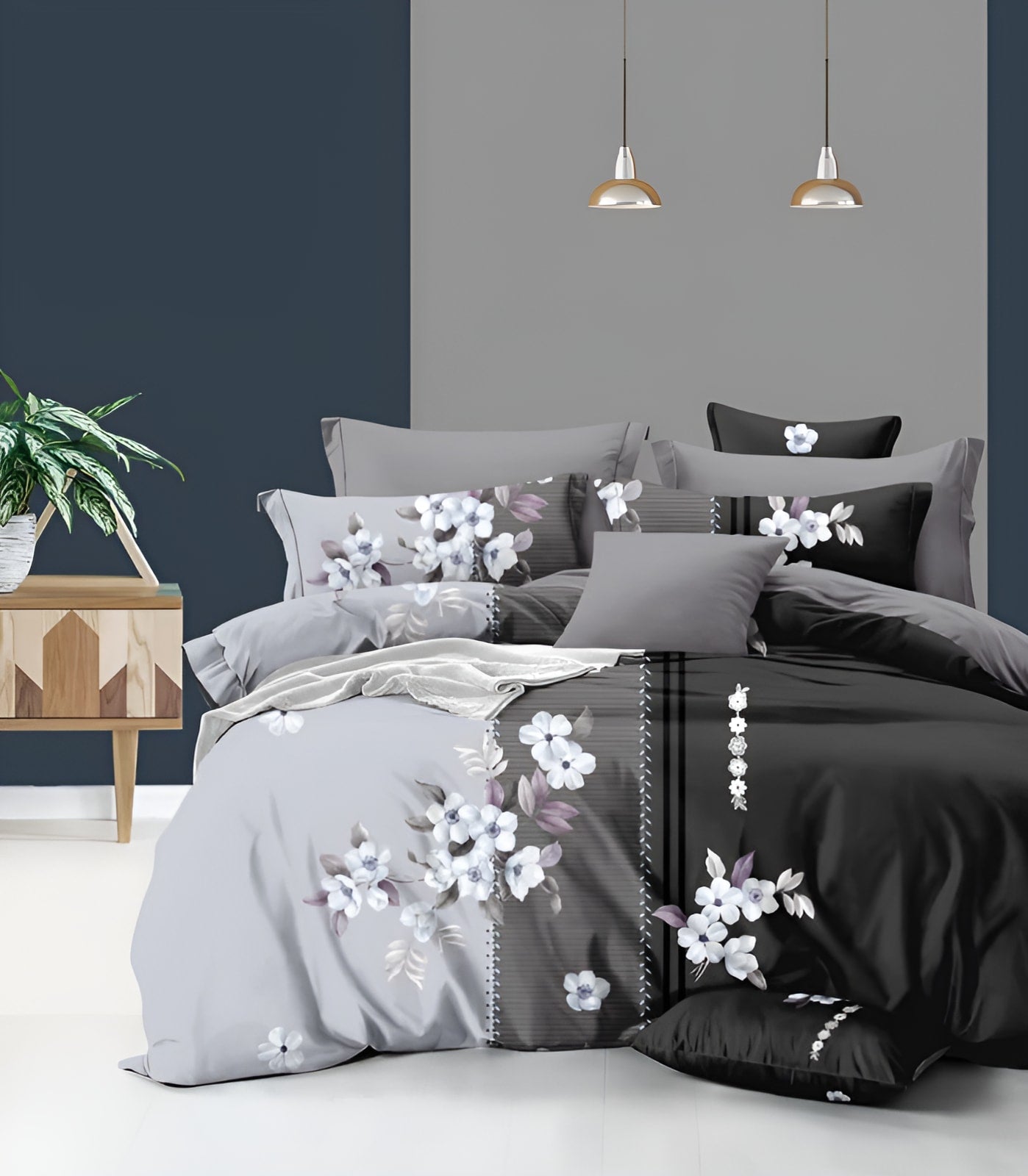 BLACK AND GREY Premium Fitted Bedsheet with 2 Pillow Covers (72X78X Upto 10 Inches) & 360 Degree Elasticated