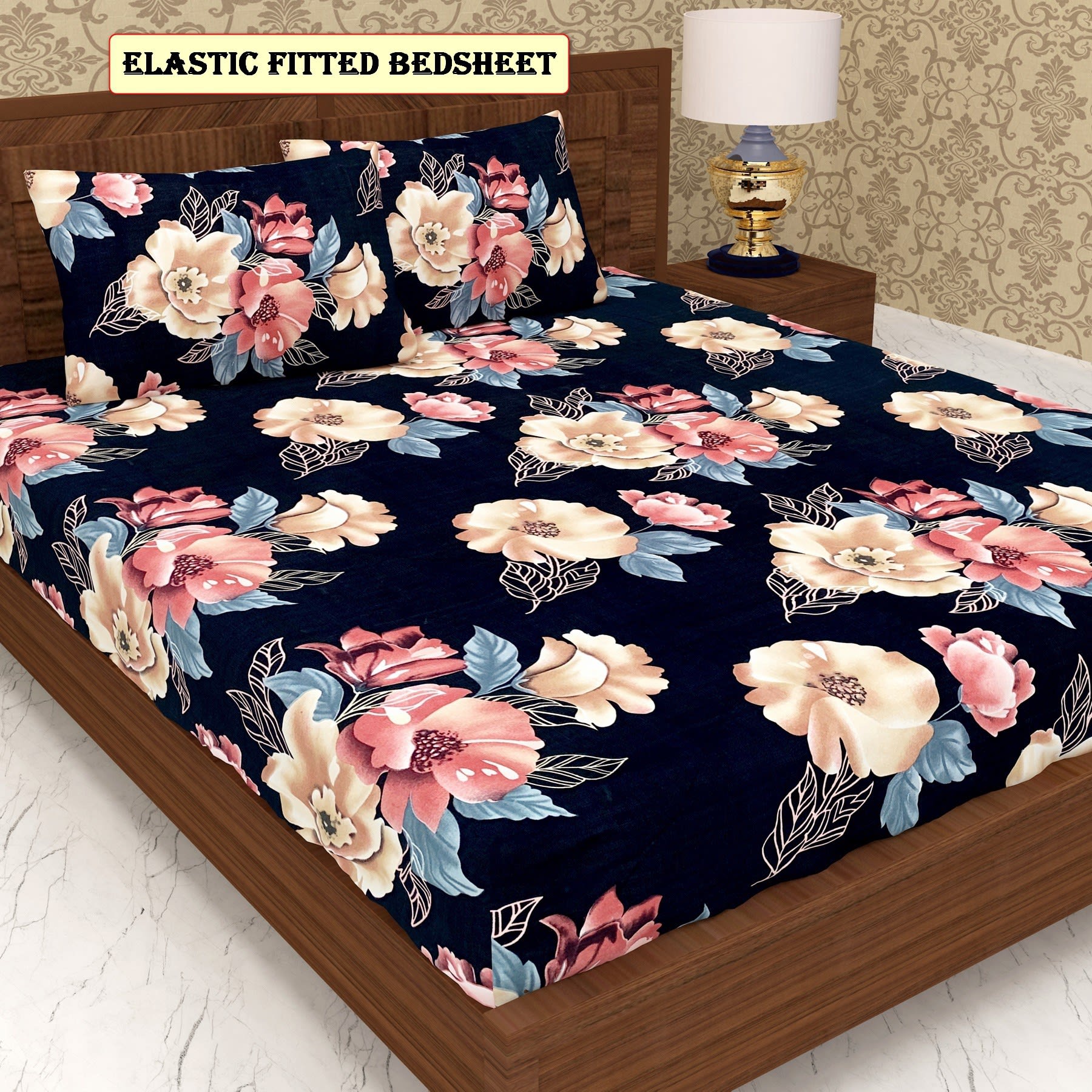 Black and Golden Color 220 TC Cotton All Round Elastic Fitted Bedsheet (72X78X Upto 10 Inches) & 360 Degree Elasticated