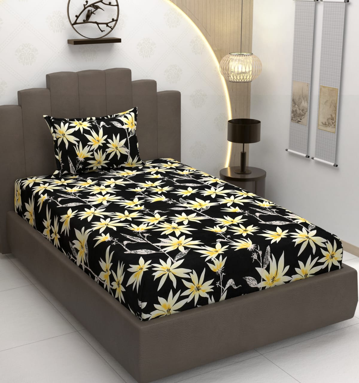 220 TC Black Leaves Single Bed Fitted Bedsheet Having Size 36X72 (Fits Upto 8 Inches Of Mattress)