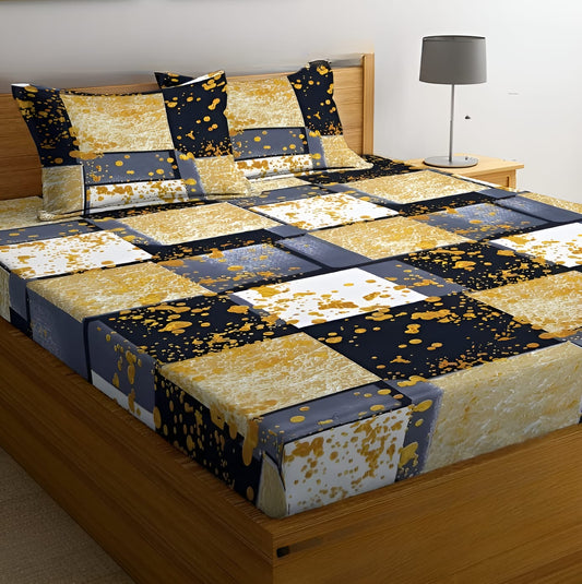 Black and Yellow 220 TC Cotton All Round Elastic Fitted Bedsheet with  2 Pillow Covers  (72X78X Upto 10 Inches) & 360 Degree Elasticated