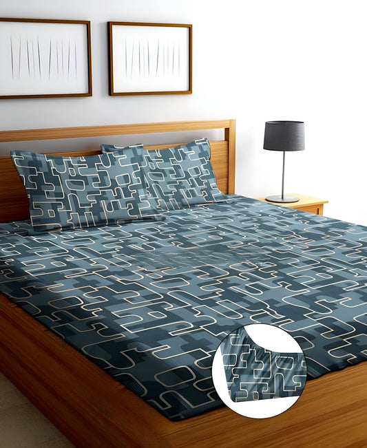 PUZZLED 220 TC  Fitted Bedsheet GREY with 2 Pillow Covers (72X78X Upto 8 Inches) & 360 Degree Elasticated