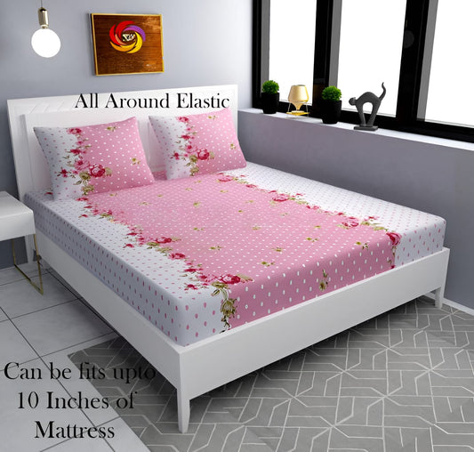 PINK DOTTED 220 TC  Fitted Elastic Bedsheet With Two Pillow Covers (72X78X Upto 10 Inches) & 360 Degree Elasticated