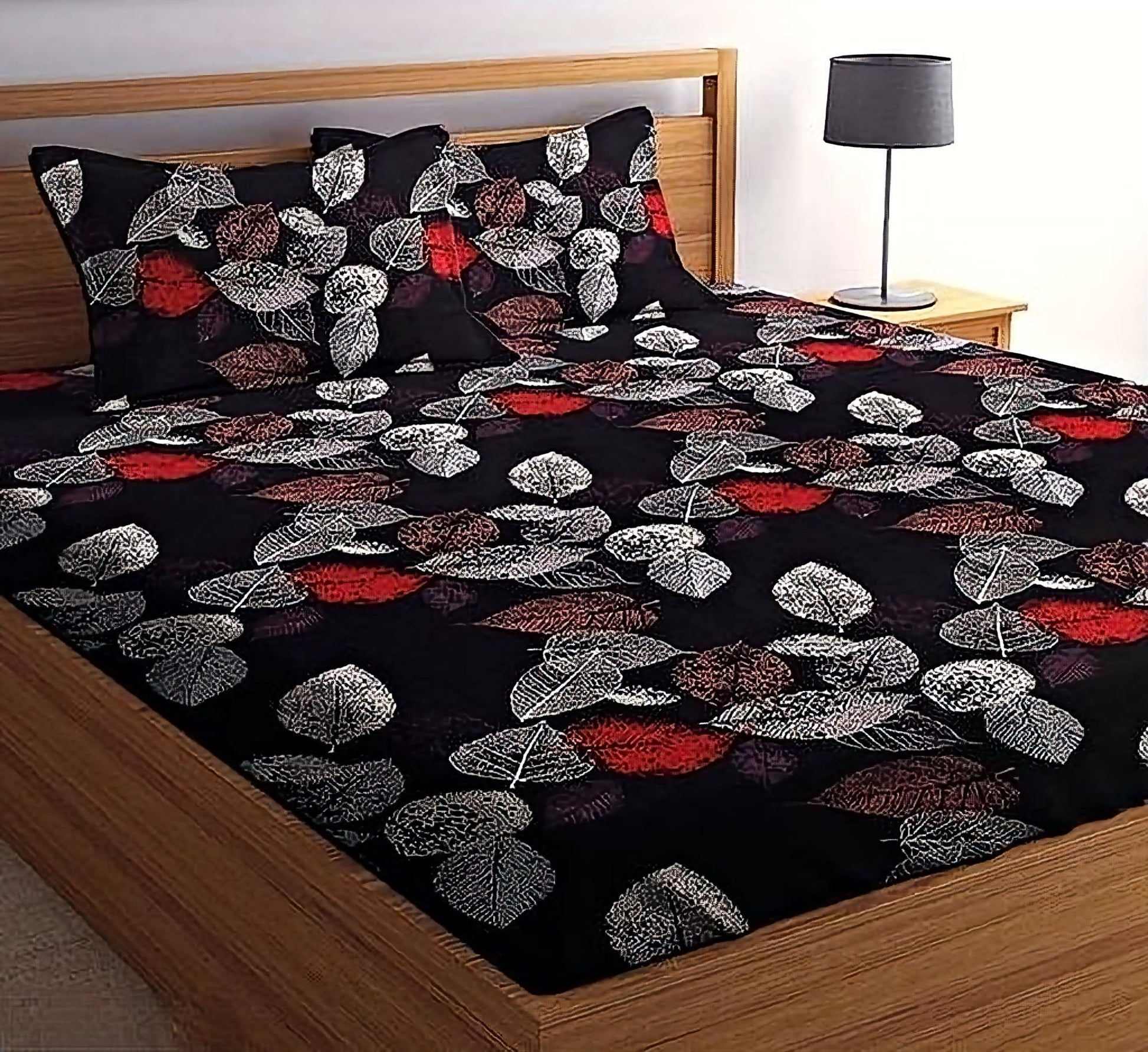 BLACK AND RED LEAVES  220 TC Cotton  All Round Elastic Fitted Bedsheet with 2 Pillow Covers (72X78X Upto 10 Inches) & 360 Degree Elasticated