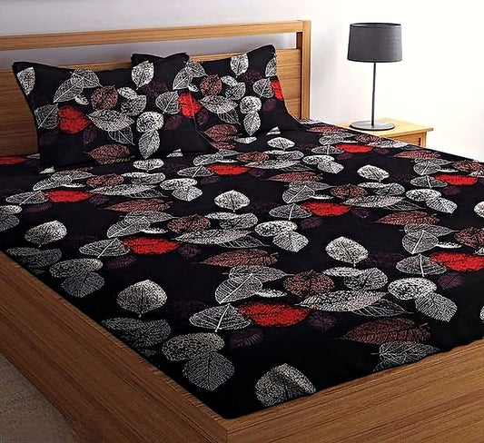BLACK AND RED LEAVES  220 TC Cotton  All Round Elastic Fitted Bedsheet with 2 Pillow Covers (72X78X Upto 10 Inches) & 360 Degree Elasticated