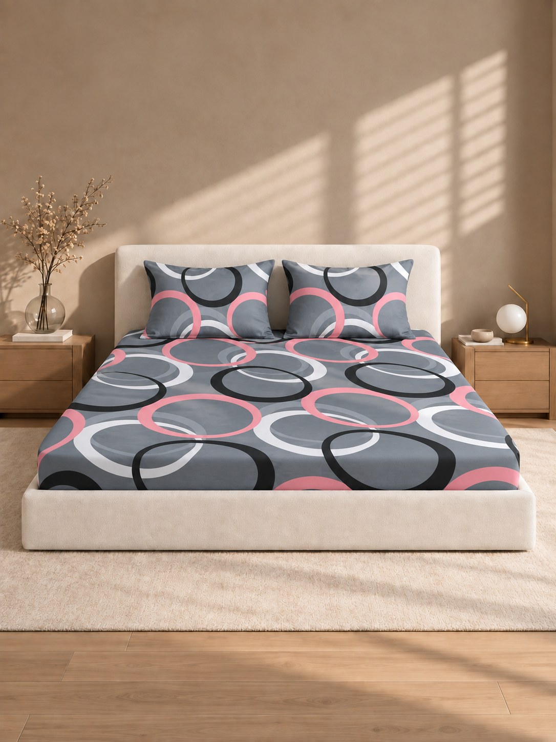 Grey round 220 TC  Fitted Floral Bedsheet Multicolor with 2 Pillow Covers (72X78X Upto 10 Inches) & 360 Degree Elasticated