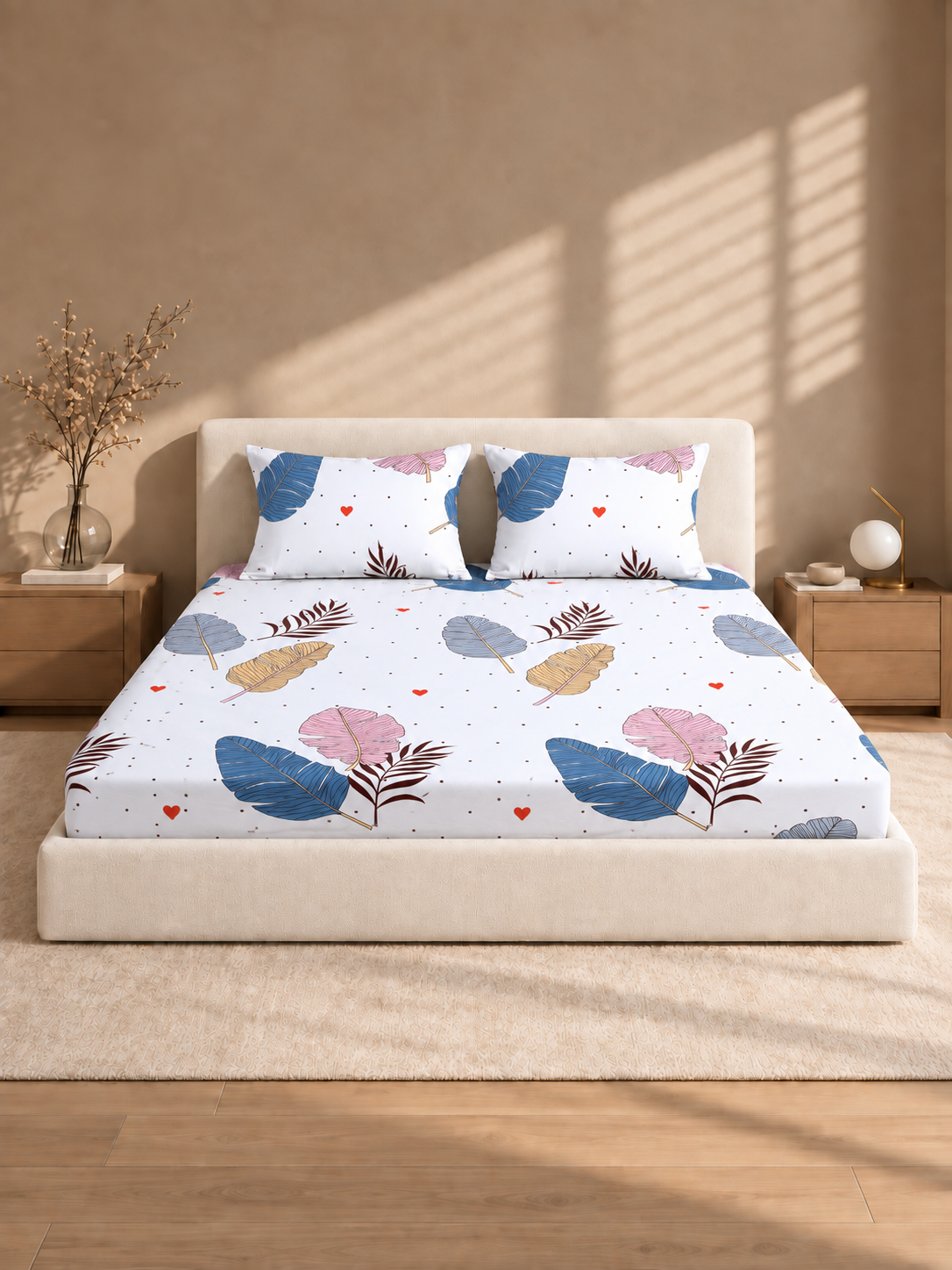 220 TC Floral  Fitted Elastic Bedsheet With Two Pillow Covers (72X78X Upto 10 Inches) & 360 Degree Elasticated