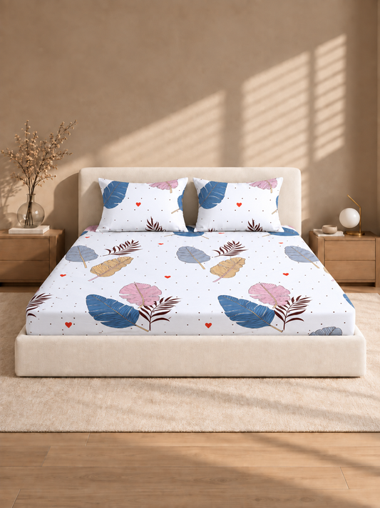 220 TC Floral  Fitted Elastic Bedsheet With Two Pillow Covers (72X78X Upto 10 Inches) & 360 Degree Elasticated
