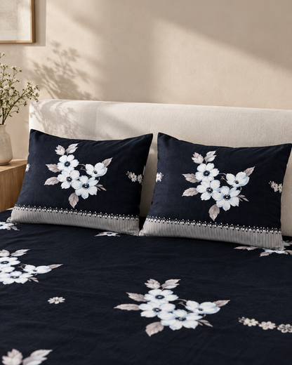 Noir & Grey — 220TC Pure Cotton Fitted Bedsheet Set with Pillow Covers