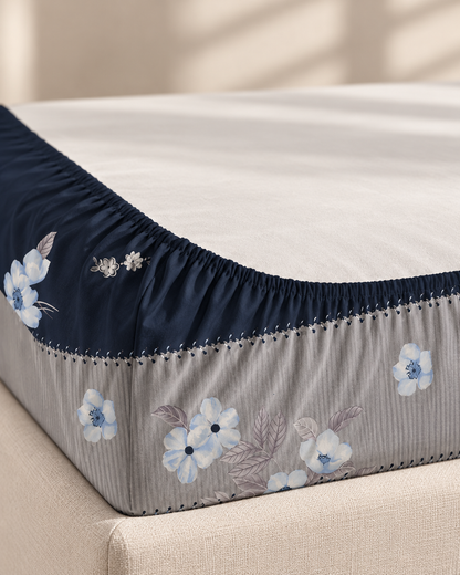 Noir & Grey — 220TC Pure Cotton Fitted Bedsheet Set with Pillow Covers