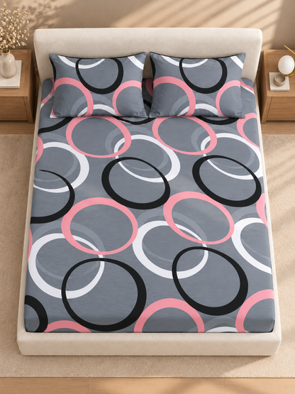 Grey round 220 TC  Fitted Floral Bedsheet Multicolor with 2 Pillow Covers (72X78X Upto 10 Inches) & 360 Degree Elasticated