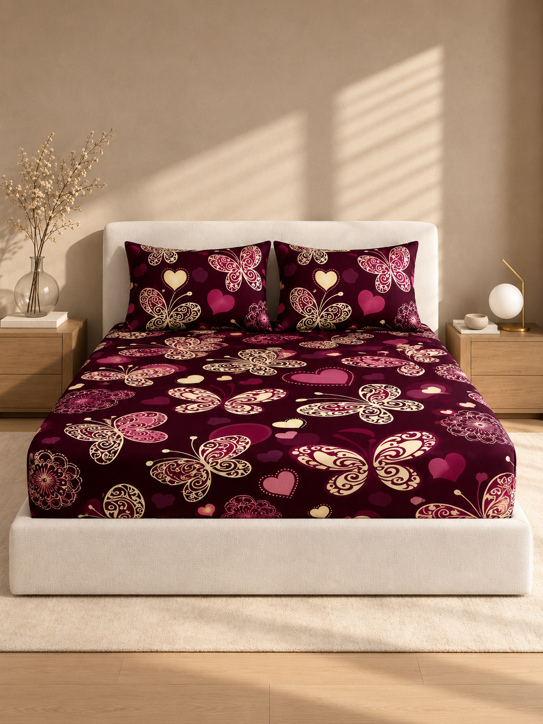RED BUTTERFLY Premium King Size Fitted Elastic Bedsheet With Two Pillow Covers  (72X78X Upto 10 Inches) & 360 Degree Elasticated