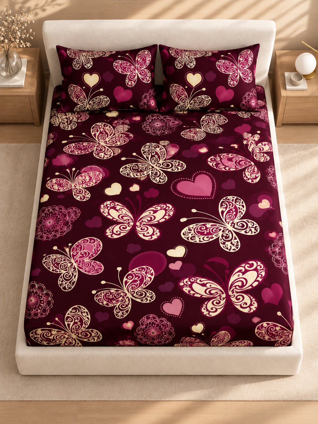 RED BUTTERFLY Premium King Size Fitted Elastic Bedsheet With Two Pillow Covers  (72X78X Upto 10 Inches) & 360 Degree Elasticated