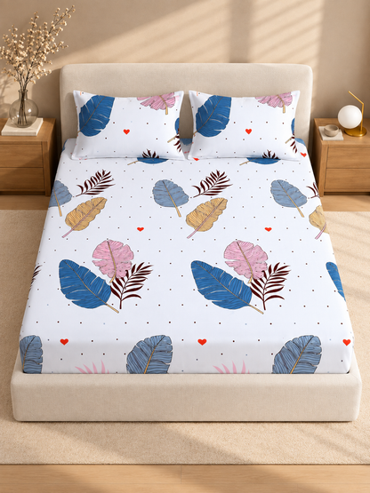 220 TC Floral  Fitted Elastic Bedsheet With Two Pillow Covers (72X78X Upto 10 Inches) & 360 Degree Elasticated