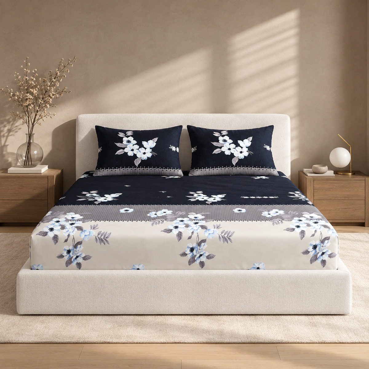 Noir & Grey — 220TC Pure Cotton Fitted Bedsheet Set with Pillow Covers