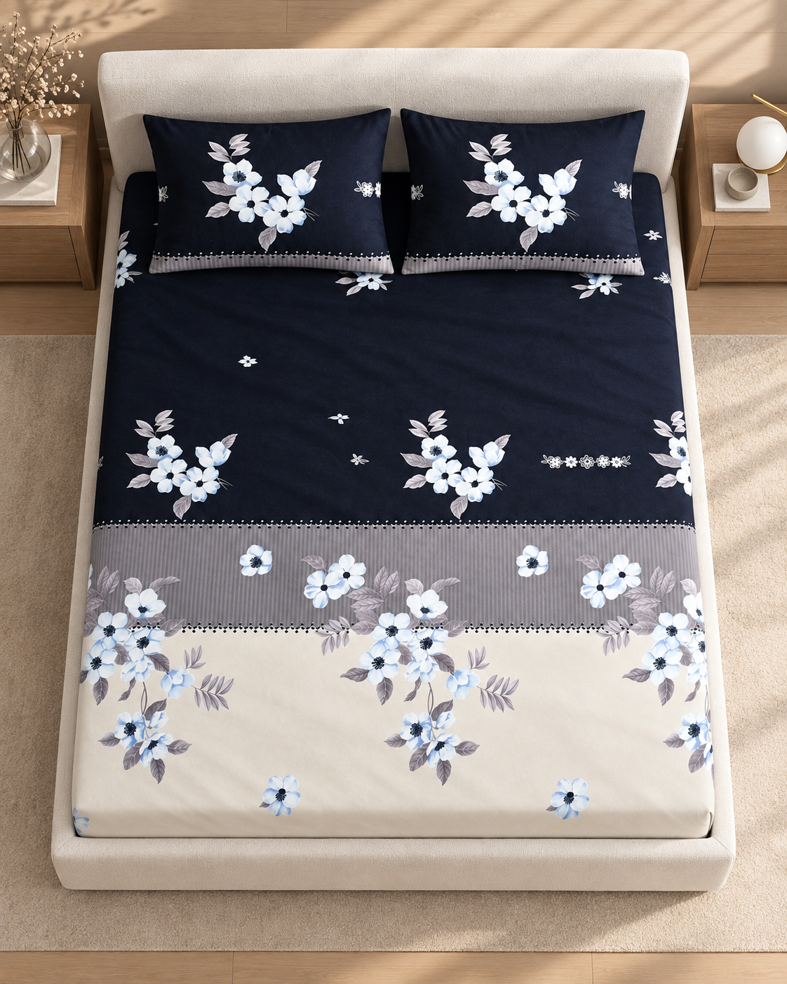 Noir & Grey — 220TC Pure Cotton Fitted Bedsheet Set with Pillow Covers