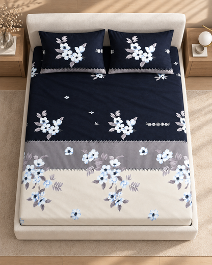 Noir & Grey — 220TC Pure Cotton Fitted Bedsheet Set with Pillow Covers
