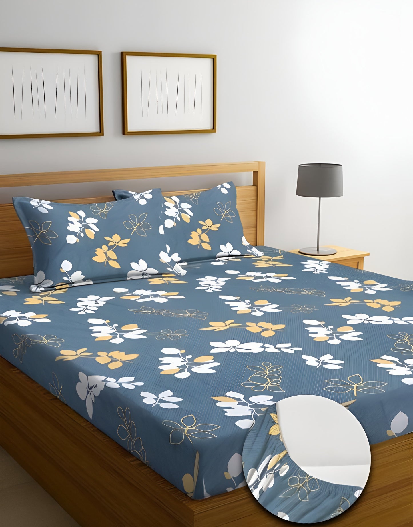 GREY Premium King Size Fitted Floral Bedsheet  (72X78X Up to 10 Inches) & 360 Degree Elasticated