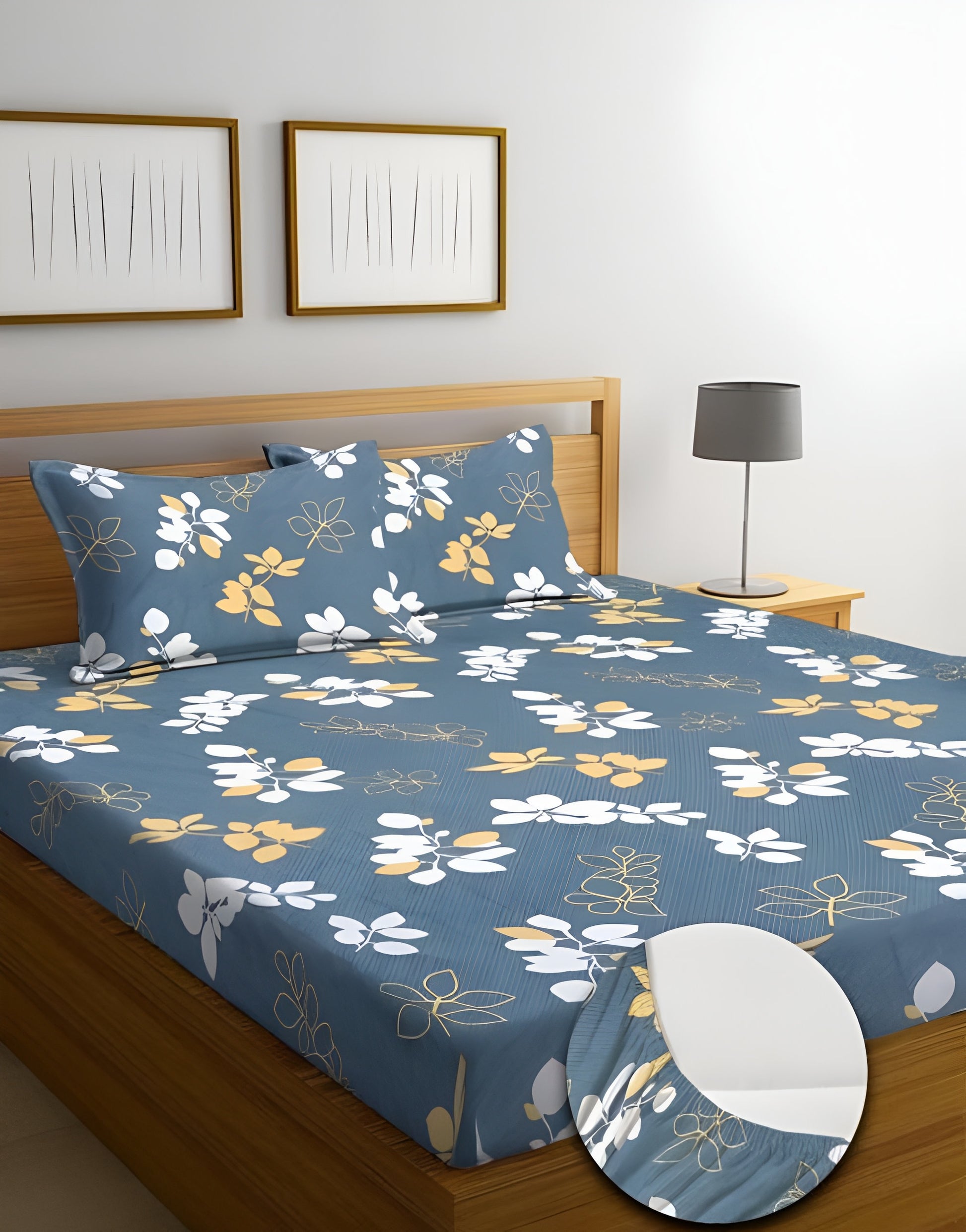 GREY Premium King Size Fitted Floral Bedsheet  (72X78X Up to 10 Inches) & 360 Degree Elasticated