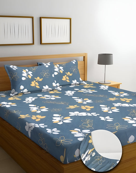 GREY Premium King Size Fitted Floral Bedsheet  (72X78X Up to 10 Inches) & 360 Degree Elasticated