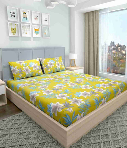 GOLDEN FLOWER  Premium King Size Fitted Floral Bedsheet Multicolour with 2 Pillow Covers (72X78X Upto 10 Inches) & 360 Degree Elasticated