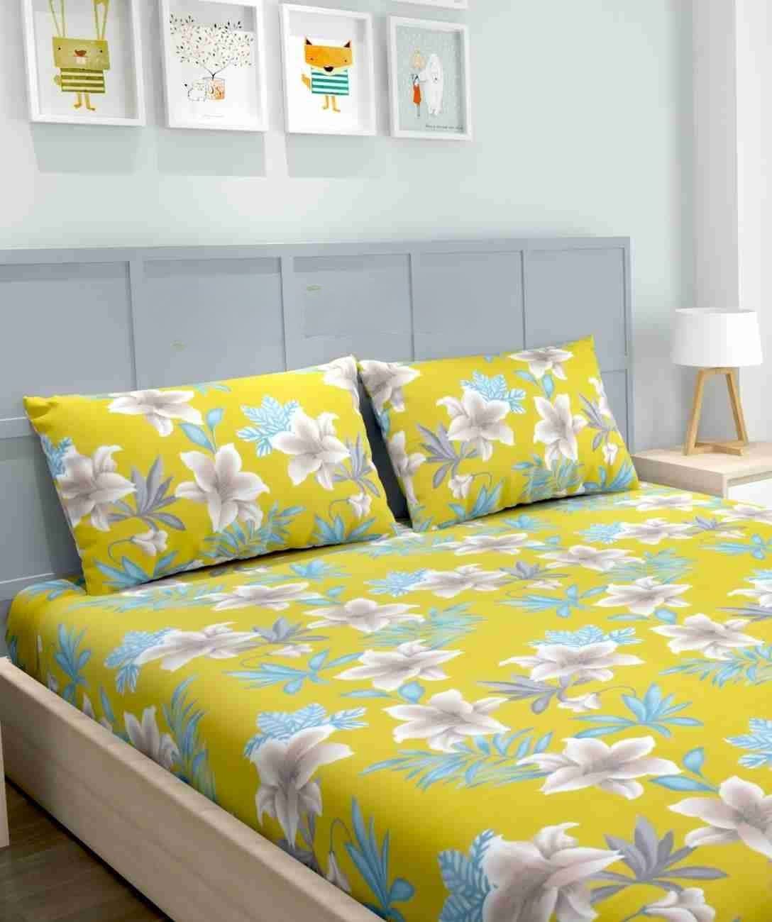GOLDEN FLOWER  Premium King Size Fitted Floral Bedsheet Multicolour with 2 Pillow Covers (72X78X Upto 10 Inches) & 360 Degree Elasticated