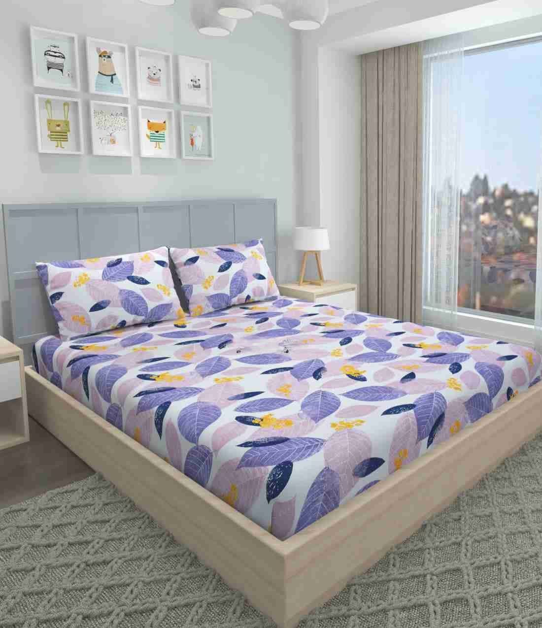 LEAVES PATTERN  Fitted Bedsheet Pink & White & Blue with 2 Pillow Covers (72X78X Upto 10 Inches) & 360 Degree Elasticated
