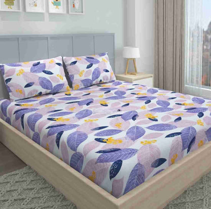 LEAVES PATTERN  Fitted Bedsheet Pink & White & Blue with 2 Pillow Covers (72X78X Upto 10 Inches) & 360 Degree Elasticated